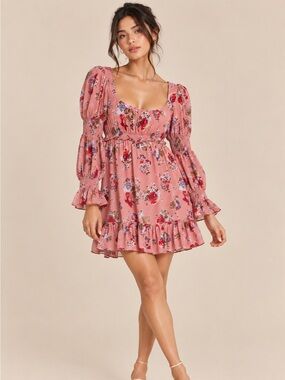 Cinq à Sept Simone Bare Rose Floral Ruffle Mini Dress Long Sleeve Size 0